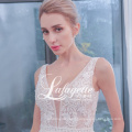 2020 light champagne Lace Beaded Wedding Dress V-neck sleeveless wedding dress illusion backless prom dress with cathedral train